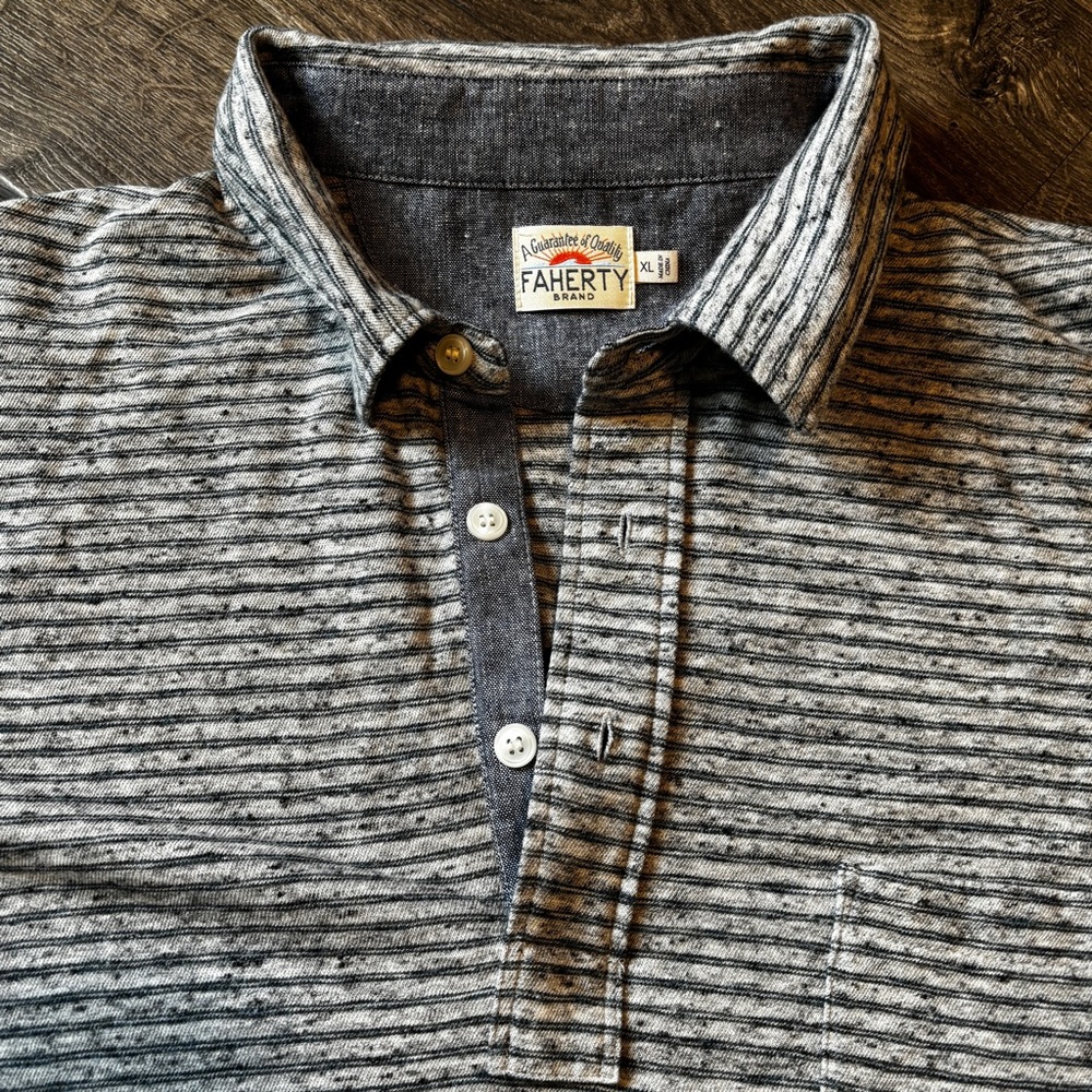 Faherty Heather Grey/Blue Striped Long Sleeve Cotton Blend Polo
